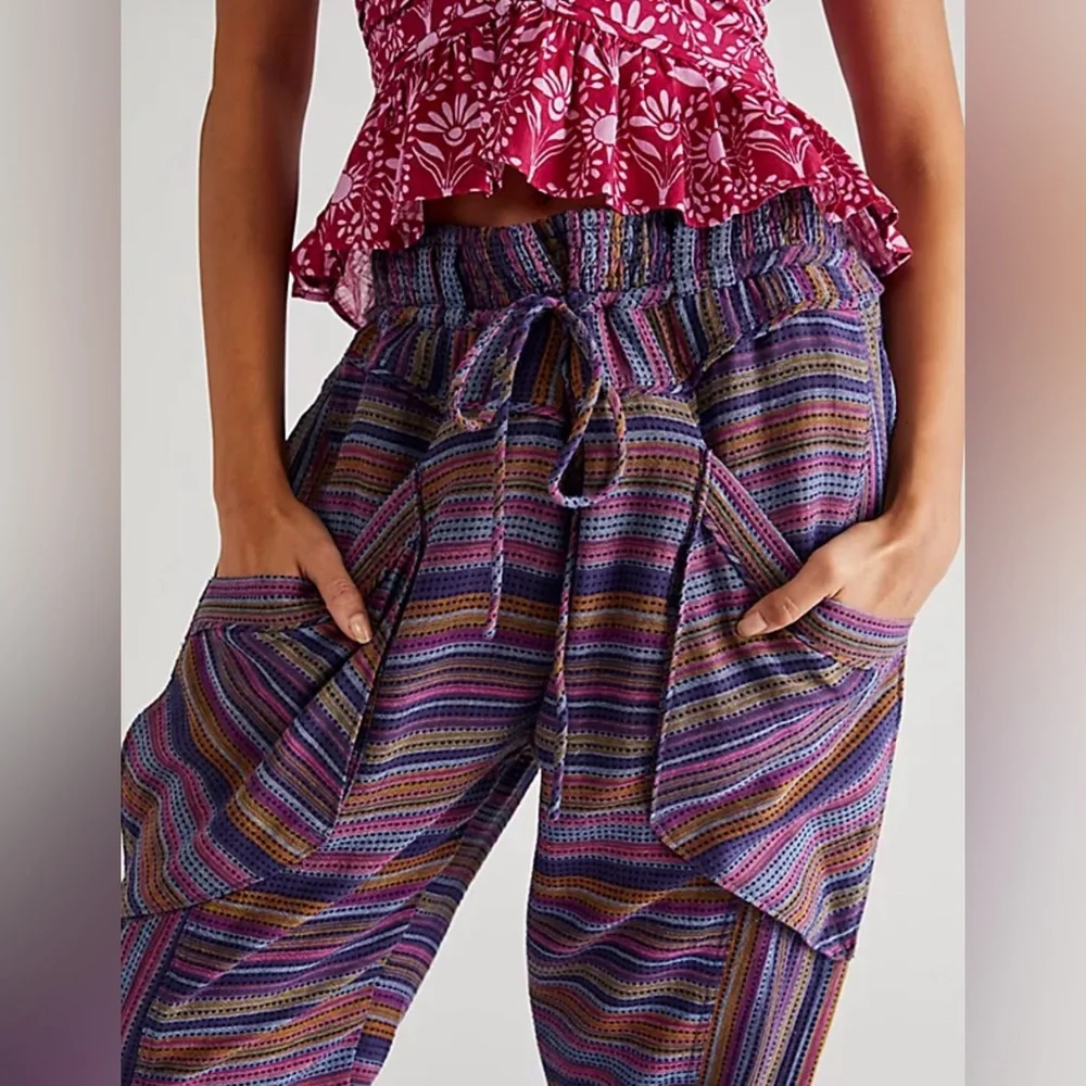 Free People Sweet Escape High Waist Harem Woven Striped Pants Pouch Pockets XS‎